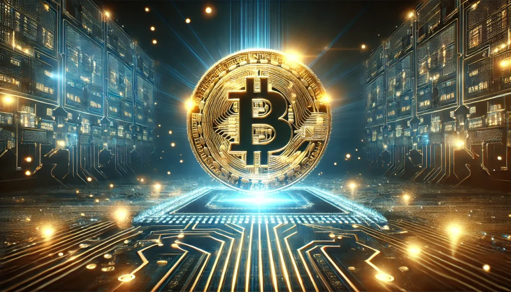 Golden Bitcoin symbol emerging from a digital network