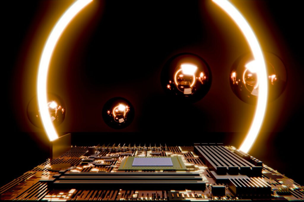 Close-up of advanced electronic circuitry representing frontier artificial intelligence development and competition