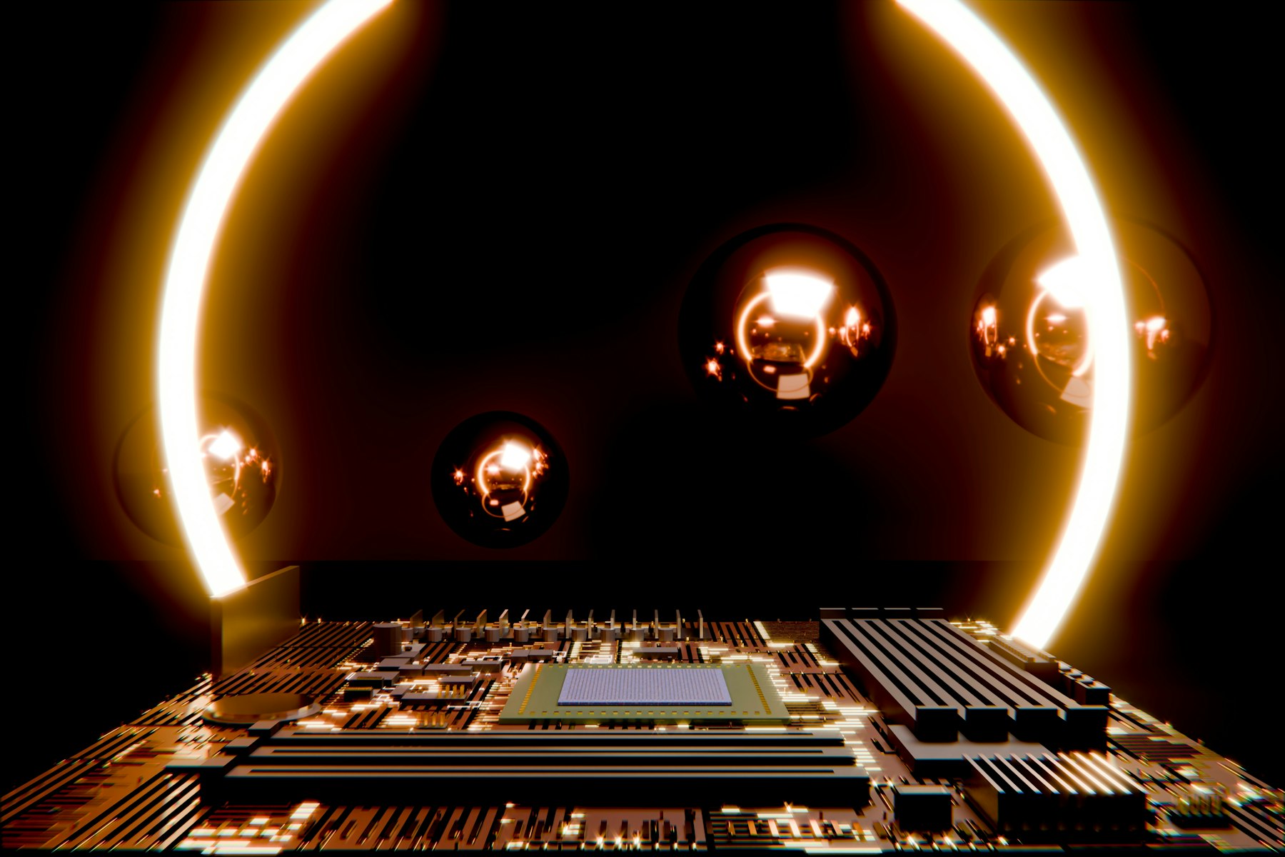 Close-up of advanced electronic circuitry representing frontier artificial intelligence development and competition