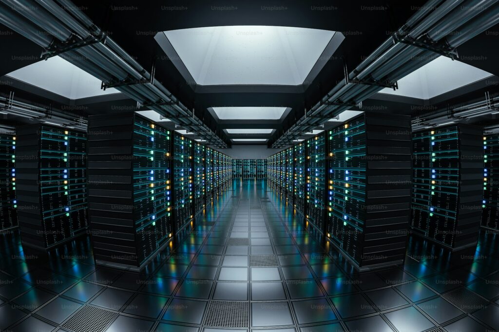 Rows of servers inside a modern data center representing the computing infrastructure behind frontier AI systems