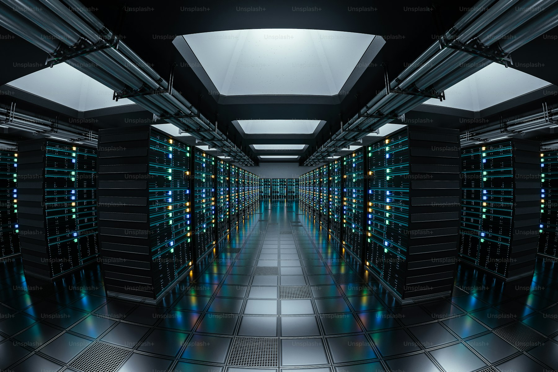 Rows of servers inside a modern data center representing the computing infrastructure behind frontier AI systems