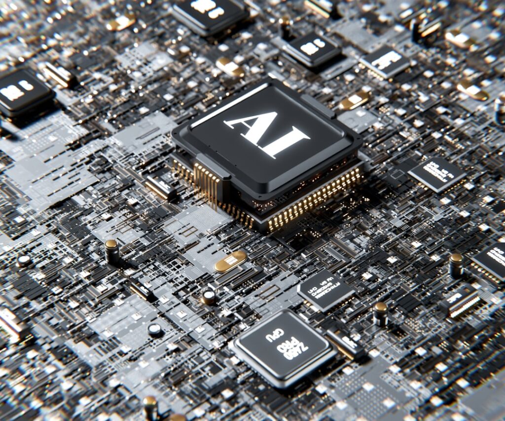 Illustration of AI and GPU processors representing increasingly powerful artificial intelligence systems