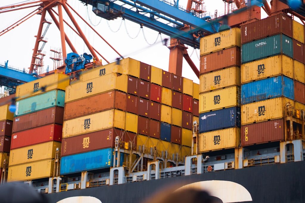 International shipping containers illustrating BRICS trade, economic expansion and changing global power