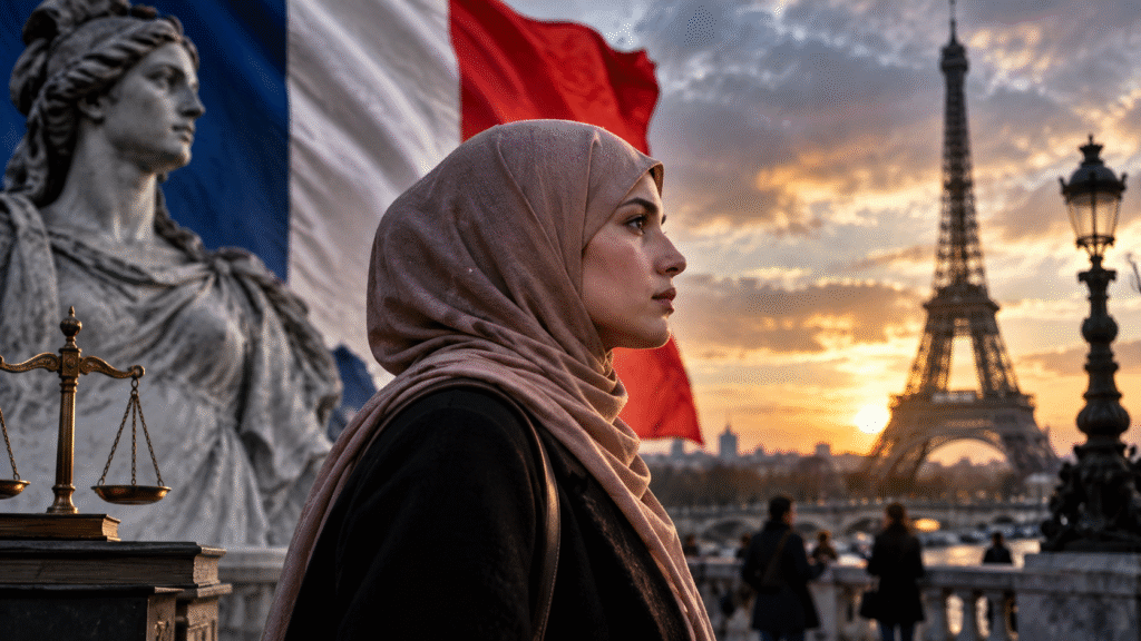 Muslim woman in a hijab in Paris with the French flag, Eiffel Tower and scales of justice, illustrating France's debate over religious dress and secularism.