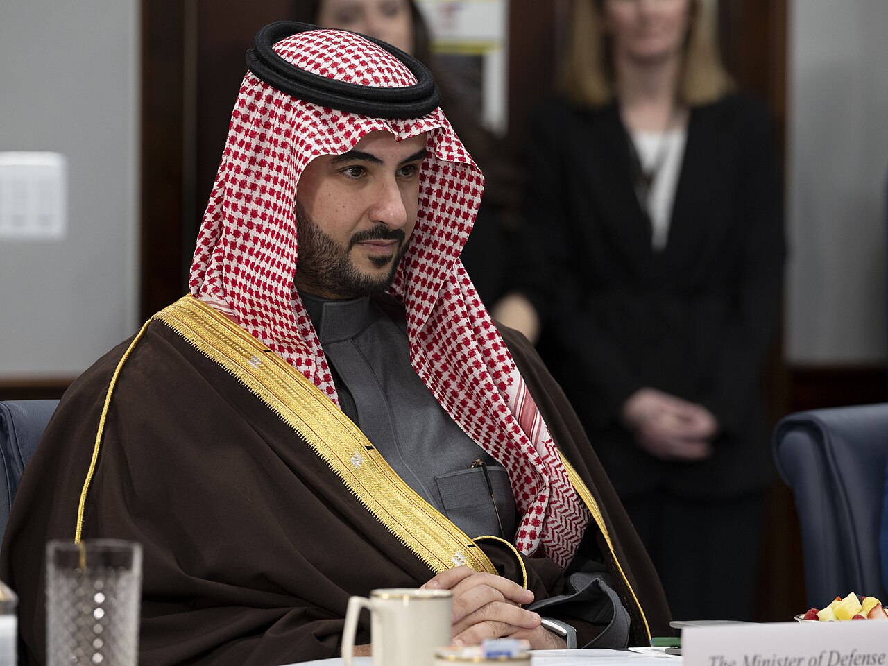 Saudi Defense Minister Prince Khalid bin Salman during a meeting at the Pentagon on February 24, 2025