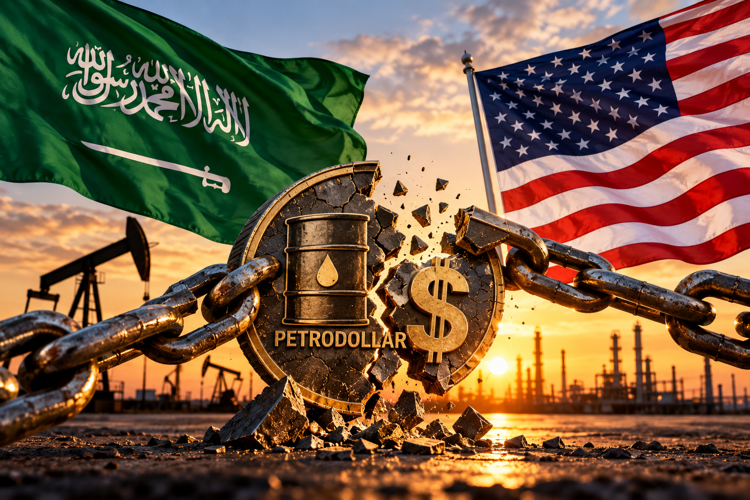 Saudi and United States flags above a breaking petrodollar symbol, representing questions about the future of dollar-based oil trade