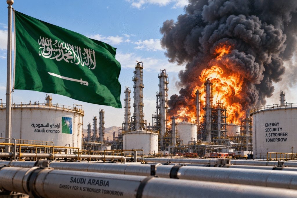 Dramatic daytime illustration of a Saudi oil refinery fire with the Saudi Arabian flag in the foreground.