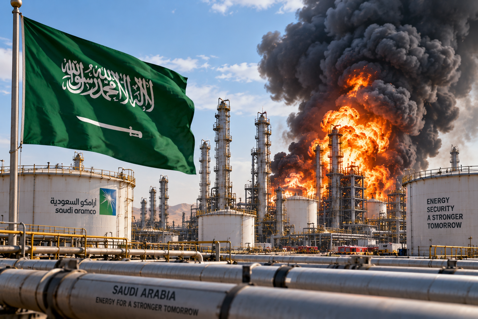Dramatic illustration of a Saudi oil refinery fire with the Saudi flag in the foreground.