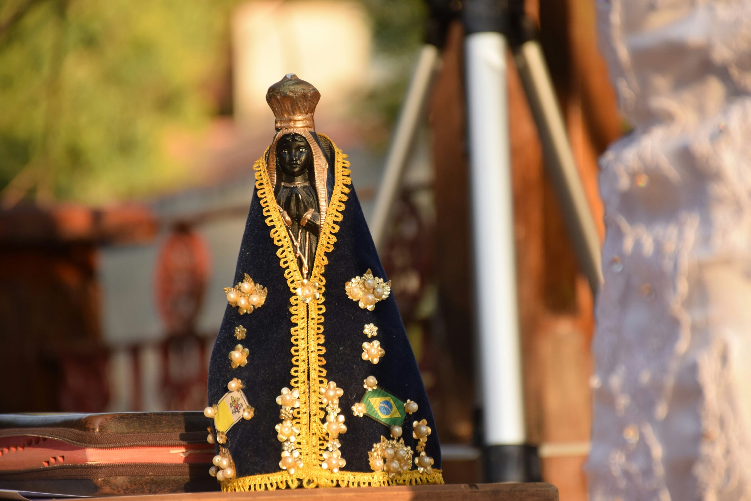 A richly decorated statue of Our Lady of Aparecida, Brazil’s Catholic patron saint
